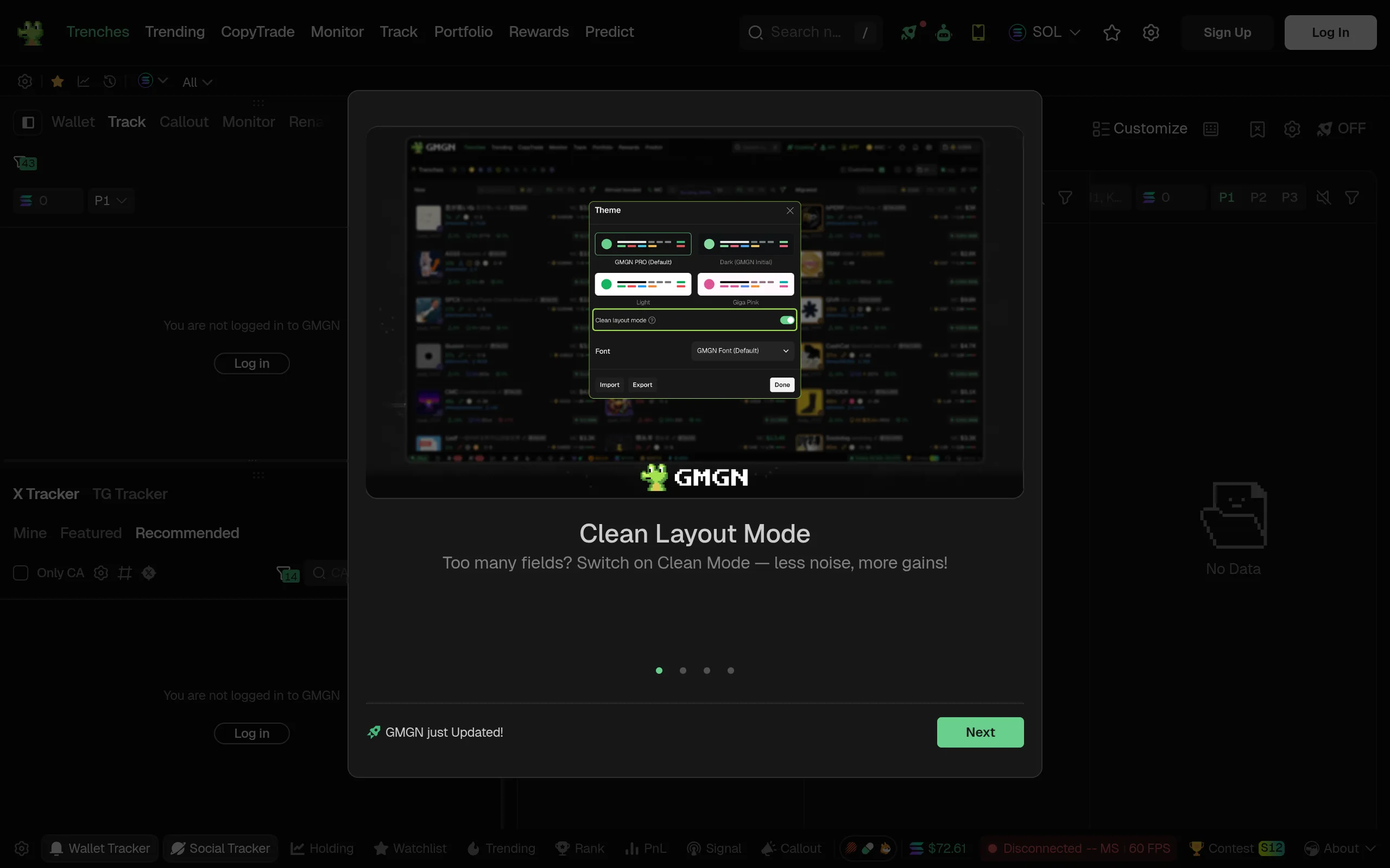 GMGN's terminal, showing the Trenches feed, wallet and social trackers, and the layout customization panel