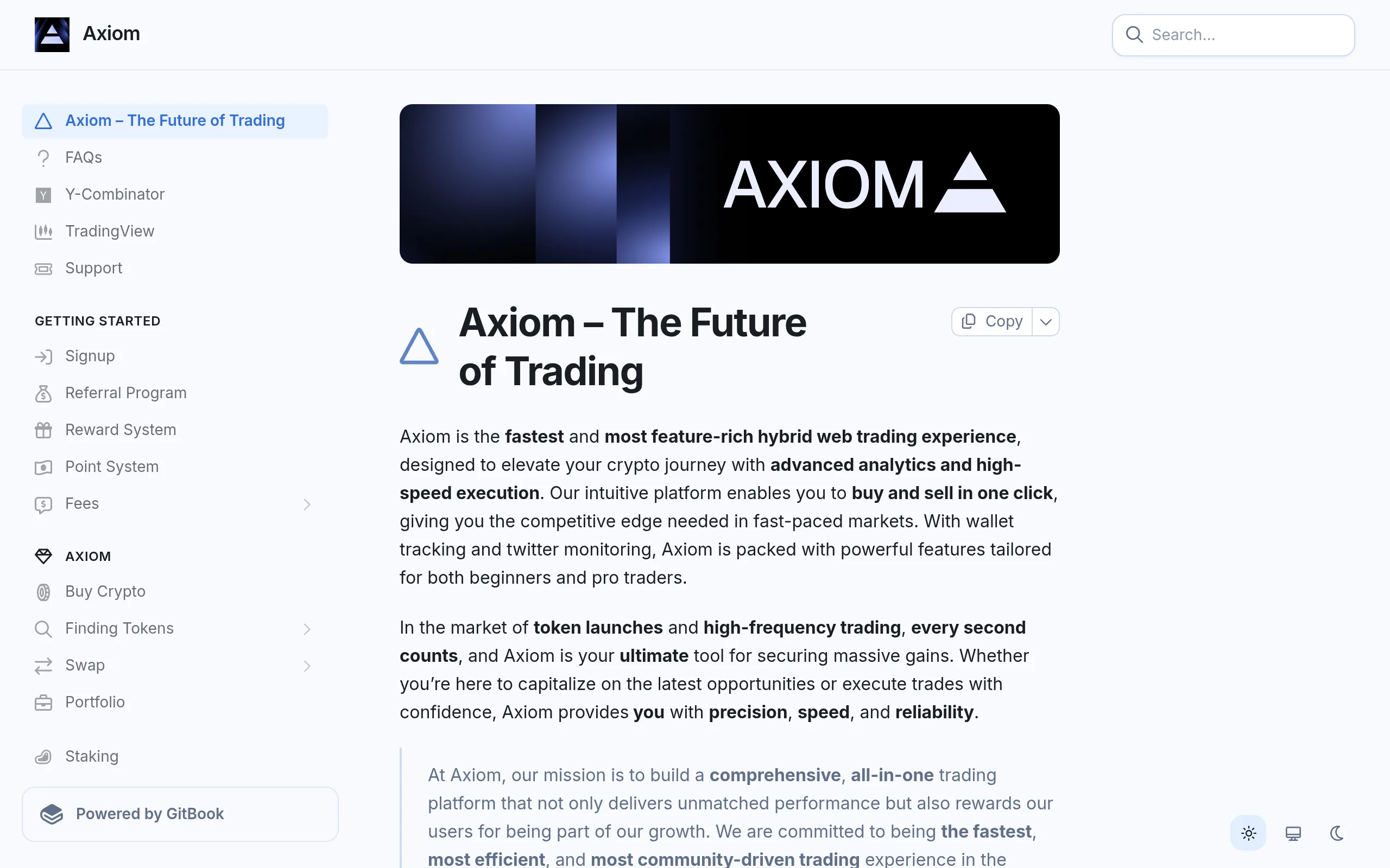 docs.axiom.trade, the official documentation site and the only authoritative source for Axiom's fee schedule