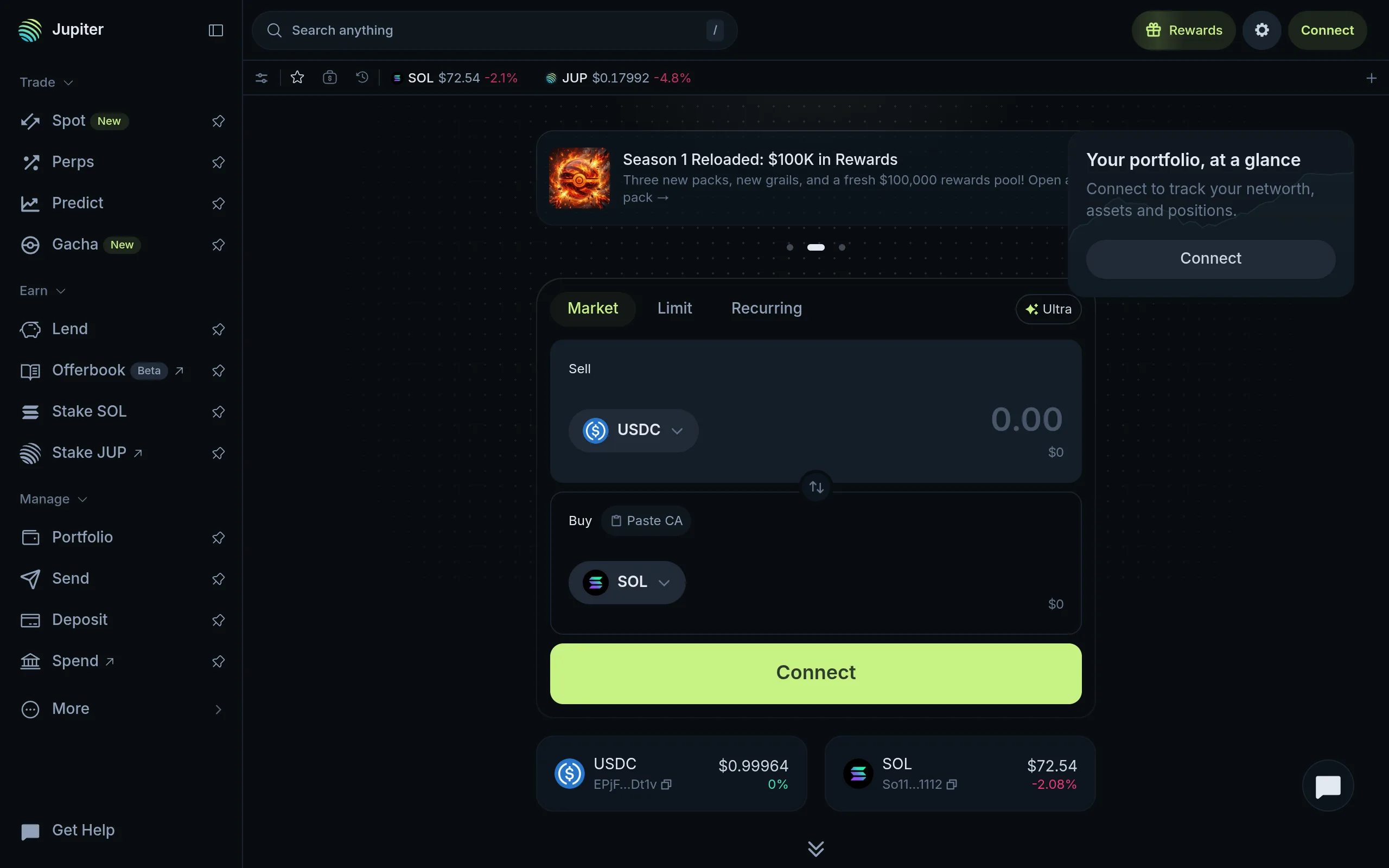 Jupiter's swap interface, a Solana aggregator, shown for contrast with a terminal like Axiom