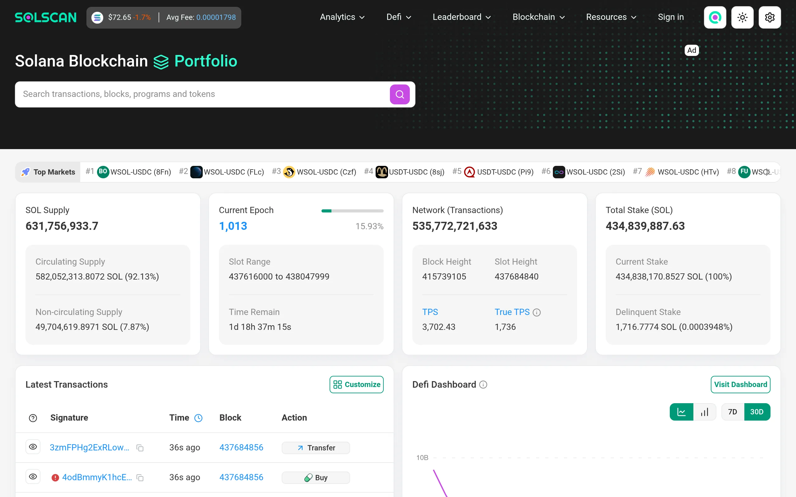 Solscan, the Solana block explorer — paste a transaction signature or your wallet address here to see whether a trade actually settled on-chain